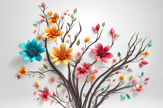 3D-Blumenelement mit bunten Zweigen auf weißem Hintergrund