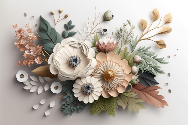 3D-Blumenstrauß, weißer Hintergrund, generative KI