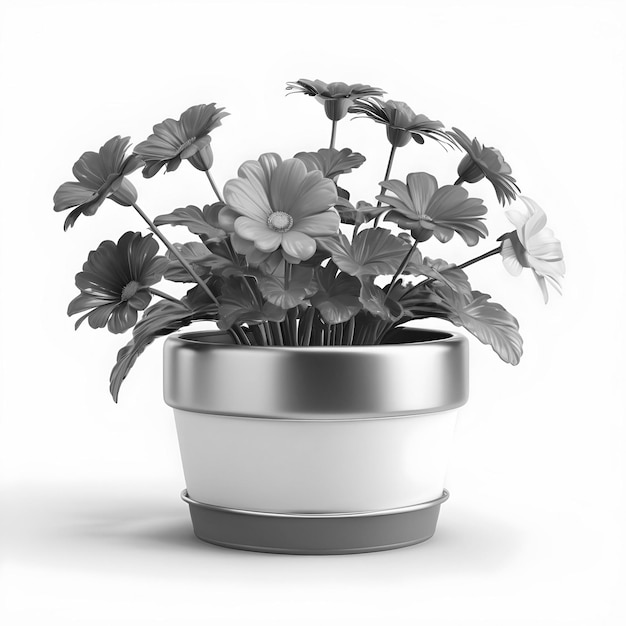 Foto 3d-blumentopf mit realistischen vasen auf weißem studio-hintergrund