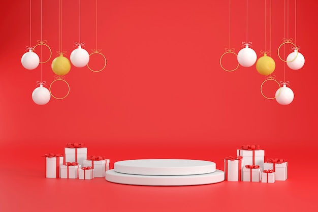 3d. bola de natal branco, caixa de presente e anel de ouro no festival de natal em um fundo vermelho.