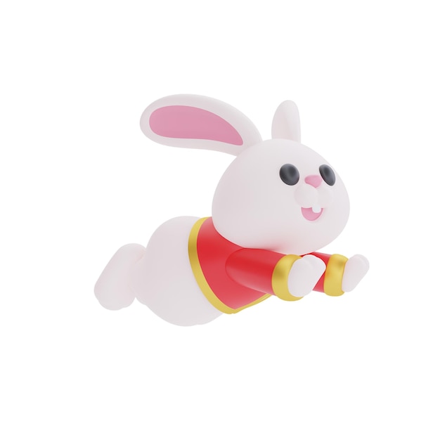 3D bonito coelho personagem de desenho animado pulando decoração isolada para o ano novo chinês festivais chineses Lunar CYN 2023 Ano do Coelho renderização 3D