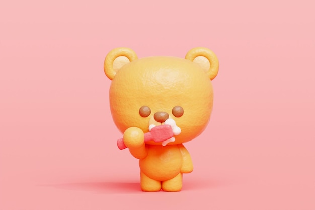 3D bonito urso escovando dentes Personagem de desenho animado renderização 3D