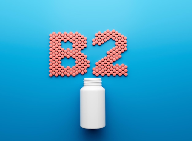 3d Botella de pastillas blancas vacías con B2 Texto hecho de pastillas redondeadas de vitamina B2 Ilustración 3d