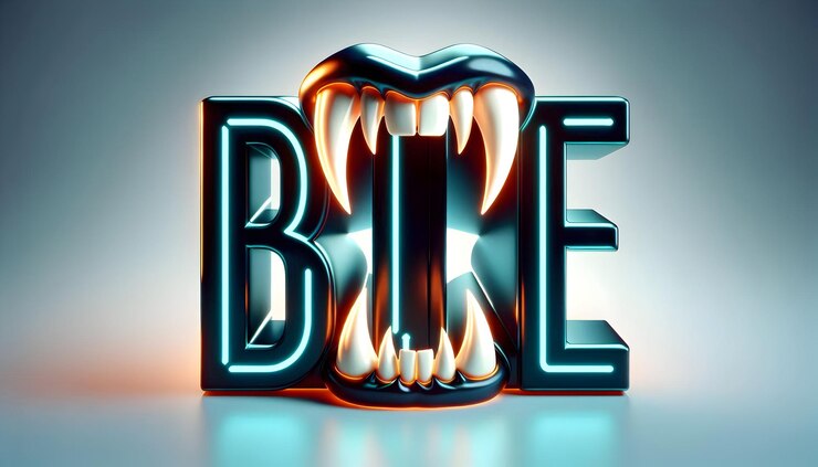 Foto 3d brillante abstracto colmillos de vampiro con mordedura concepto de texto como un elegante arte digital abstracto brillante