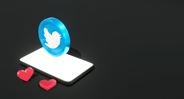 Foto 3d brillante logotipo de redes sociales de twitter en el teléfono con icono similar y fondo oscuro