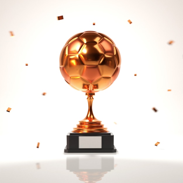3D-Bronze-Fußball-Trophäen-Cup mit Konfetti auf weißem Hintergrund.