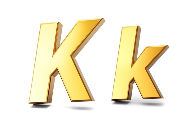 3D-Buchstabe K in Goldmetall auf einem weißen, isolierten Hintergrund Großbuchstaben und kleine K-Buchstaben 3D-Darstellung