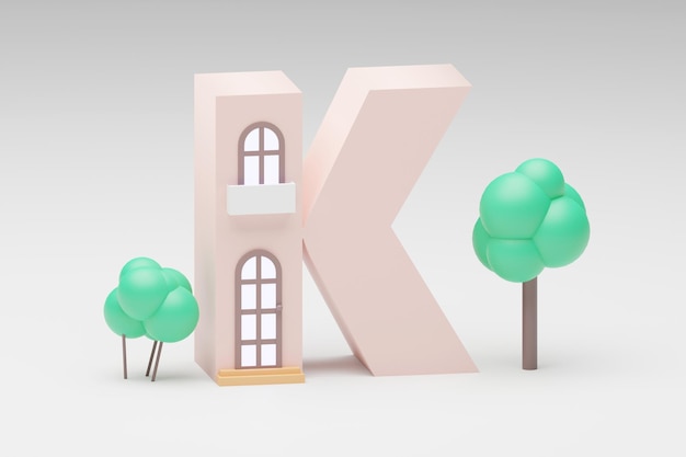 3D-Buchstabenform aus winzigem Haus auf grauem Hintergrund 3D-Renderbuchstabe K