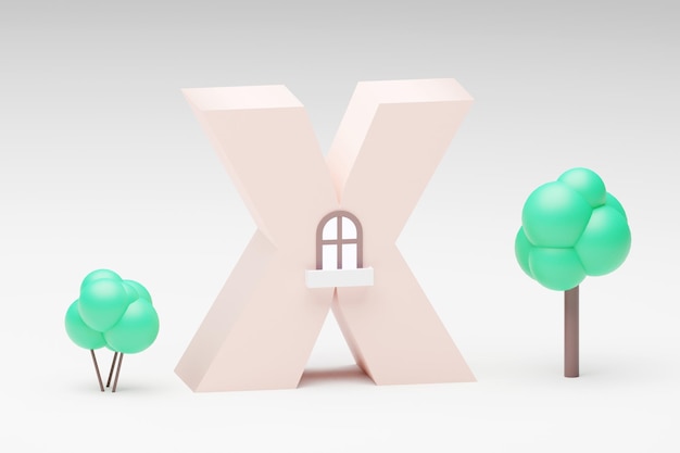 3D-Buchstabenform aus winzigem Haus auf grauem Hintergrund 3D-Renderbuchstabe x