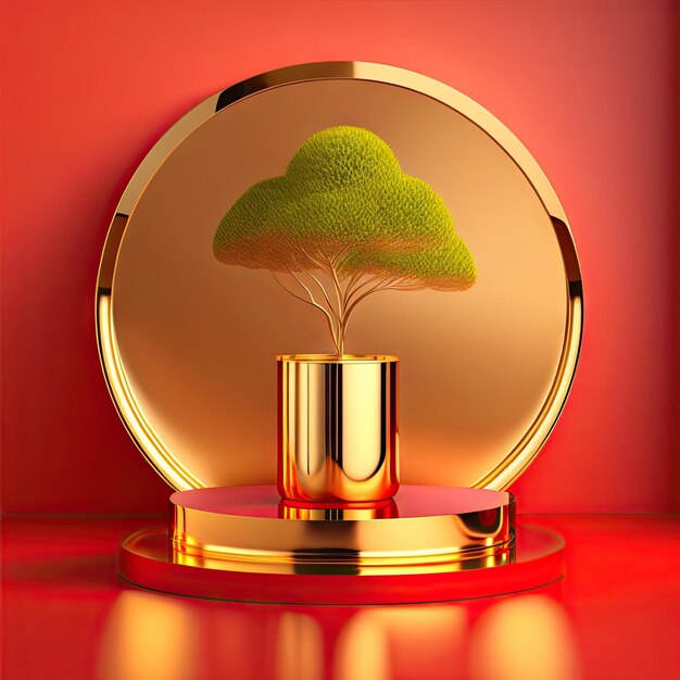 3D-Bühne aus glänzendem Gold mit rundem Stahlpodium auf rotem Thekentisch, Bambusbaum im Sonnenlicht, Blattschatten