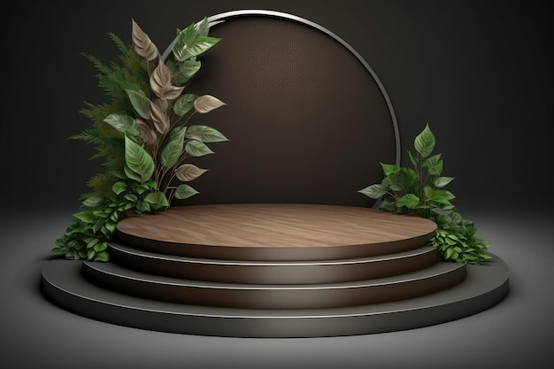 3D-Bühne mit leerem Holzsockel für Produktwerbung oder Präsentation generativer KI
