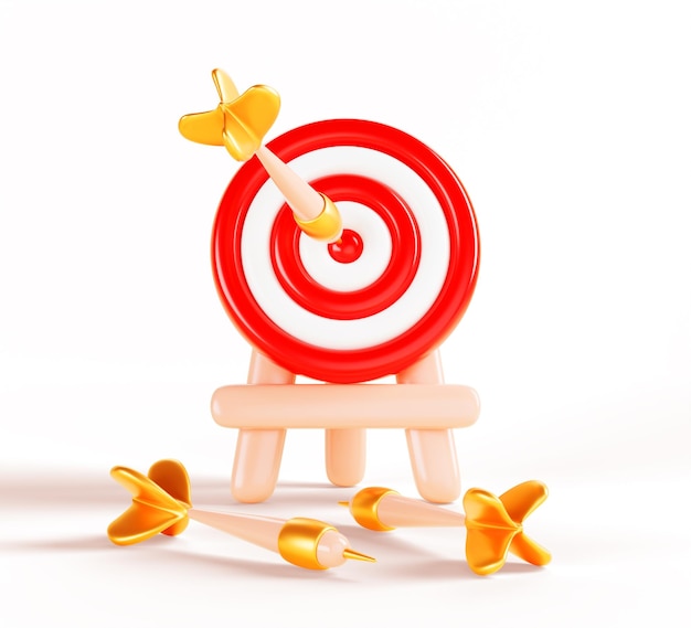 3d bullseye objetivo tablero de dardos rojo en el soporte con flecha dorada aislado icono de renderización círculo de meta de tablero del dibujo animado concepto de éxito precisión de tiro con arco deporte o juego de dardas