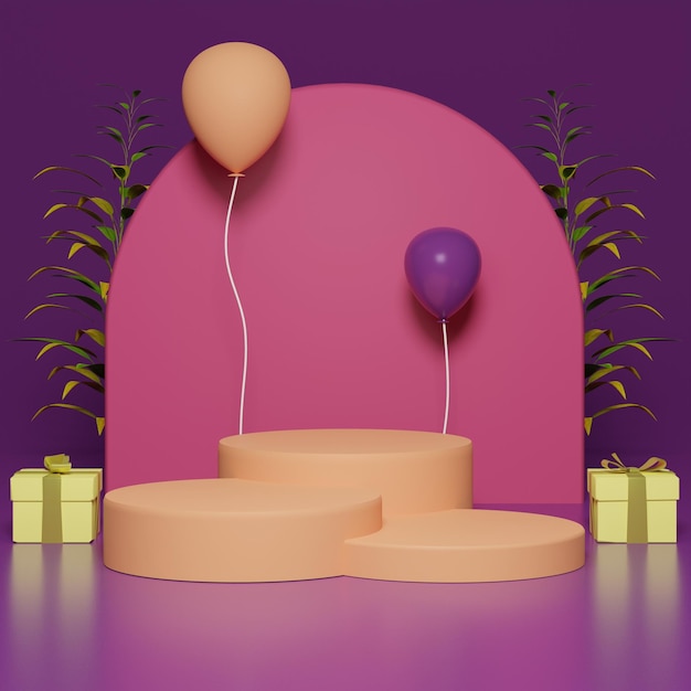 3D bunte Podeste mit Luftballons und Geschenken