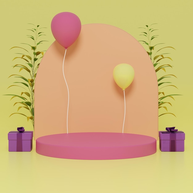 3D buntes Podium mit Luftballons und Geschenken