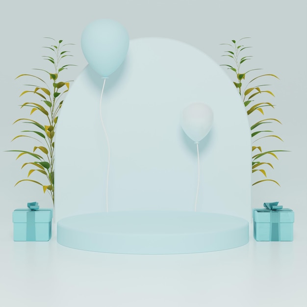 3D buntes Podium mit Luftballons und Geschenken