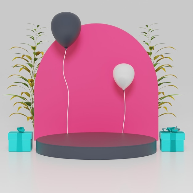 3D buntes Podium mit Luftballons und Geschenken