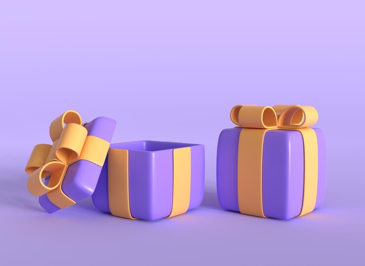 Foto 3d caixas de presente roxas com laços amarelos em estilo de desenho animado realista aberto e fechado presente 3d renderização