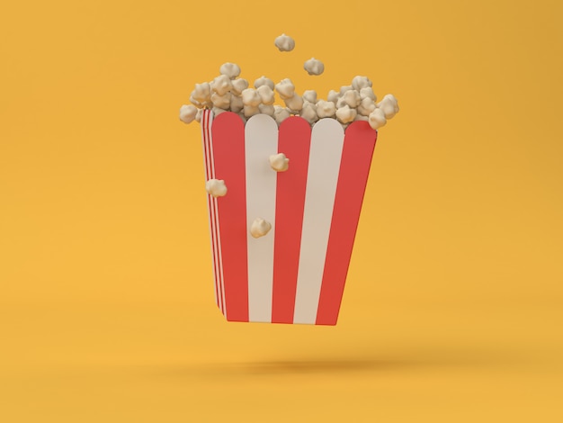 3D caja de palomitas de maíz roja caja blanca flotante película abstracta, cine, concepto de entretenimiento