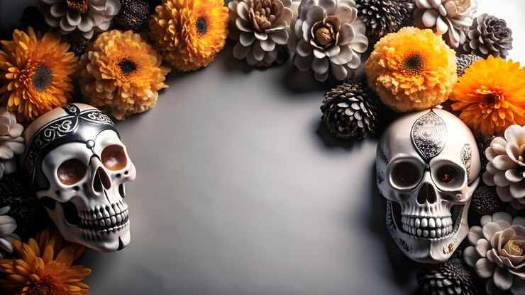 Foto 3d calavera e marigold flower border com conceito de espaço de cópia como um quadro de borda com uma calavera