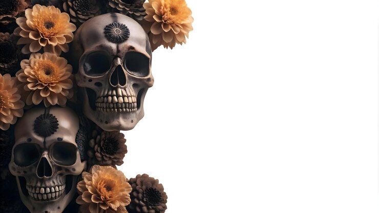 Foto 3d calavera e marigold flower border com conceito de espaço de cópia como um quadro de borda com uma calavera