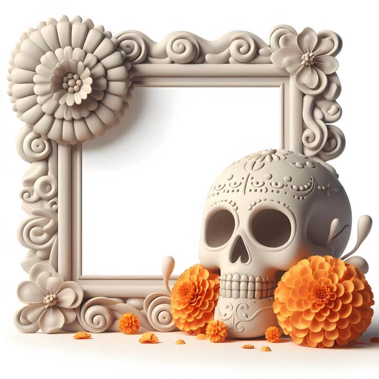 Foto 3d calavera e marigold flower border com conceito de espaço de cópia como um quadro de borda com uma calavera