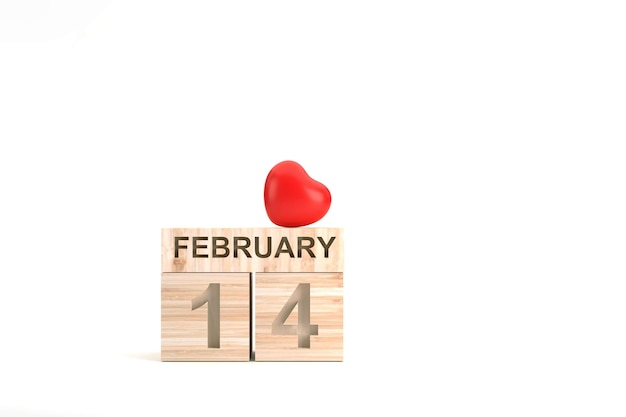 3D. Calendario de cubo de madera con fecha del 14 de febrero y corazón rojo, concepto de día de San Valentín.