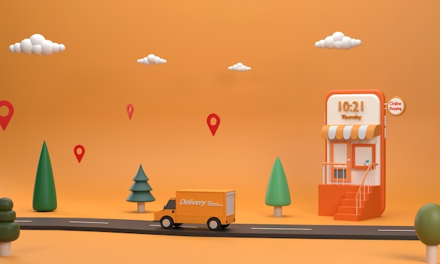 3D. Un camión de reparto circula por la carretera. para enviar paquetes de ventas en línea Teléfonos móviles que son tiendas en línea, transporte, compras en línea.