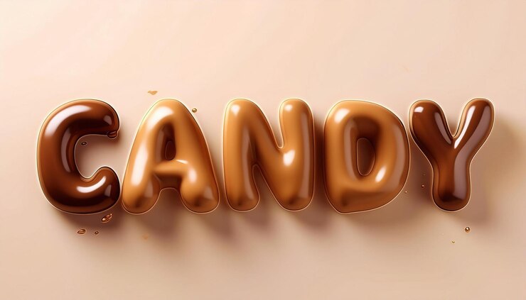 Foto 3d candy texto derritiendo helado en el fondo de la ciudad de nieve