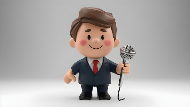 Foto 3d caractere de jovem empresário bonito com microfone