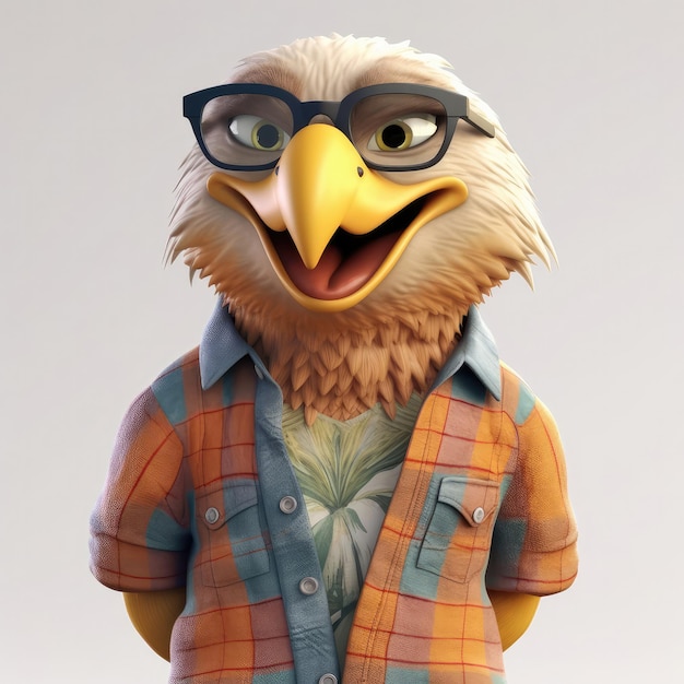 3D-Cartoon-Adlerporträt in Kleidung, das vor dem Studio steht, beleuchtet generative KI