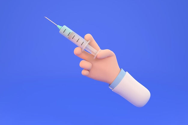 3D Cartoon Ärzte Hand im Handschuh hält eine Spritze impfstoffxA