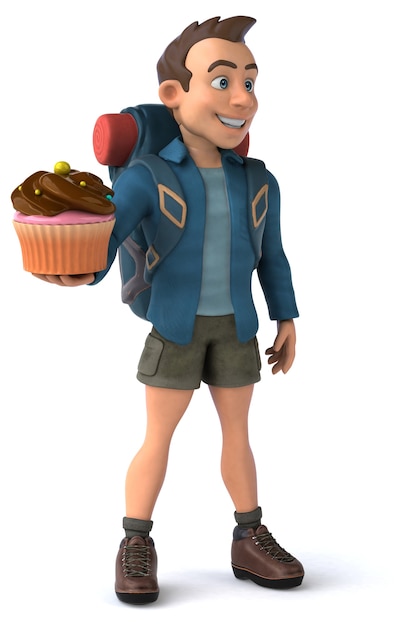 3D Cartoon Backpacker Mann mit Cupcake