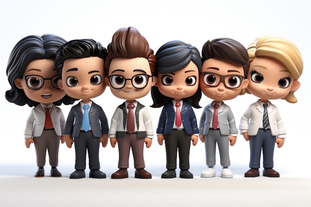 3D-Cartoon-Charaktere süße multiethnische Gruppe junger Geschäftsleute Unternehmensteam Offizier