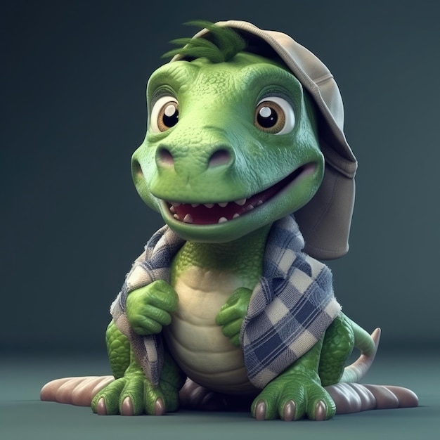 3D-Cartoon-Dino-Porträt mit Kleidung, Brille, Hut, Jacke, die vorne steht