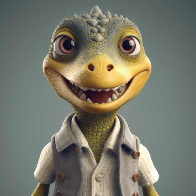 3D-Cartoon-Dinosaurier-Dino-Porträt mit Kleidung, Brille, Hut, Jacke, die vorne steht