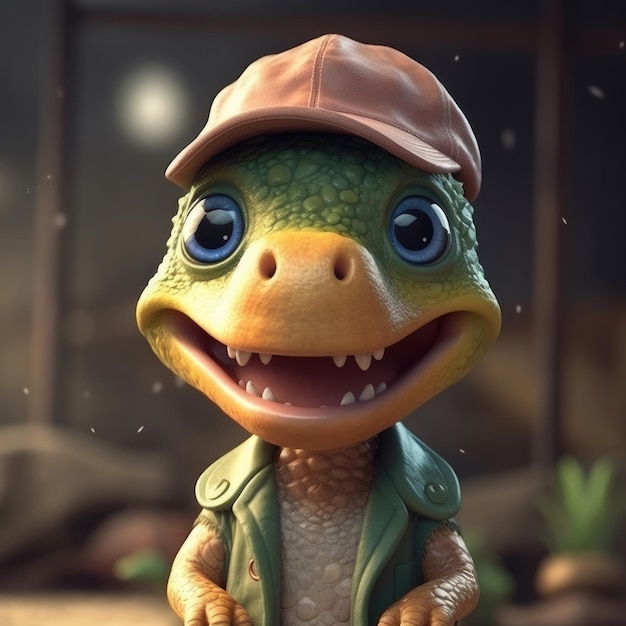 3D-Cartoon-Dinosaurier-Dino-Porträt mit Kleidung, Brille, Hut, Jacke, die vorne steht