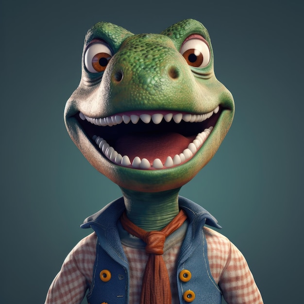 3D-Cartoon-Dinosaurier-Dino-Porträt mit Kleidung, Brille, Hut, Jacke, die vorne steht