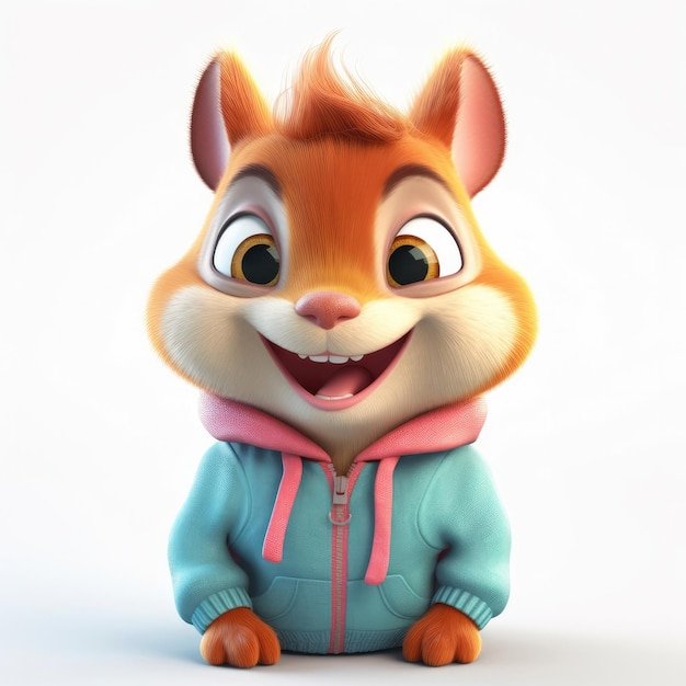 3D-Cartoon-Eichhörnchen-Porträt mit Kleidung, Brille, Hut und Jacke, die davor steht