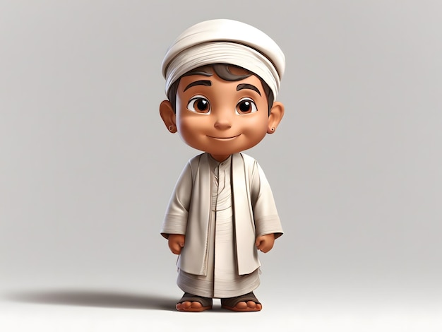 3D-Cartoon ein kleiner muslimischer Junge in traditioneller Kleidung auf weißem Hintergrund
