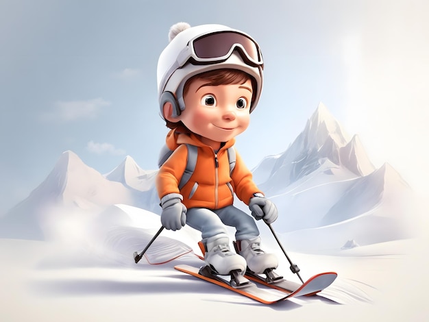 Foto 3d-cartoon ein süßer kleiner junge beim skifahren auf weißem hintergrund