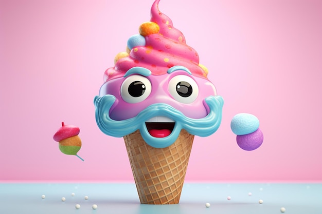 3D-Cartoon eines bunten Eiscreme-Charakters in Waffelkegel