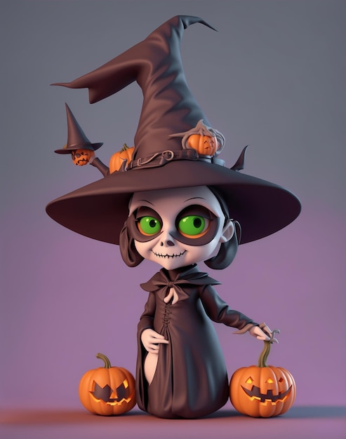 Foto 3d-cartoon-figur einer niedlichen hexe mit hut, die kürbisse auf einem einfachen hintergrund für halloween hält