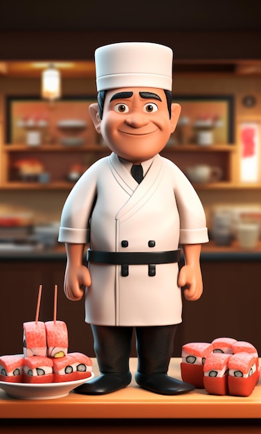 3D-Cartoon-Figur eines Sushi-Kochs