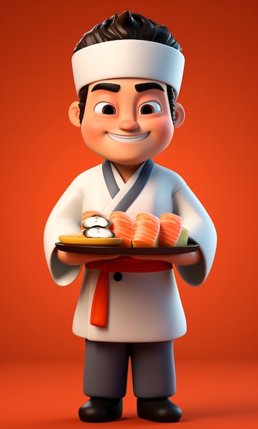 3D-Cartoon-Figur eines Sushi-Kochs