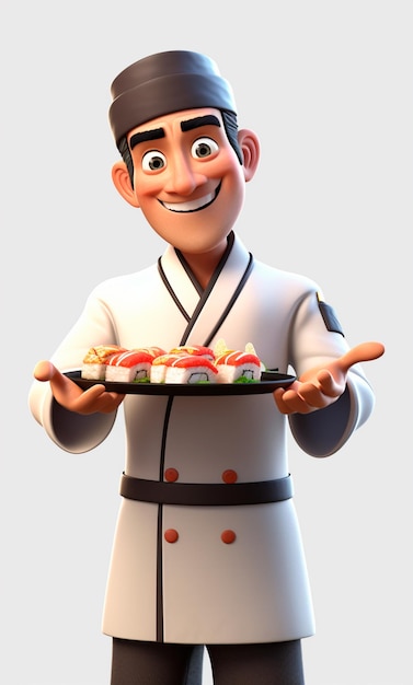 3D-Cartoon-Figur eines Sushi-Kochs