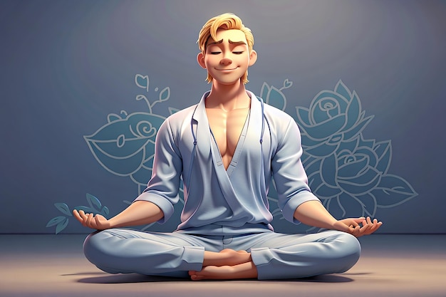 3D-Cartoon-Figur-Illustration eines meditierenden Mannes, der in Yoga-Lotusposition auf dem Boden sitzt