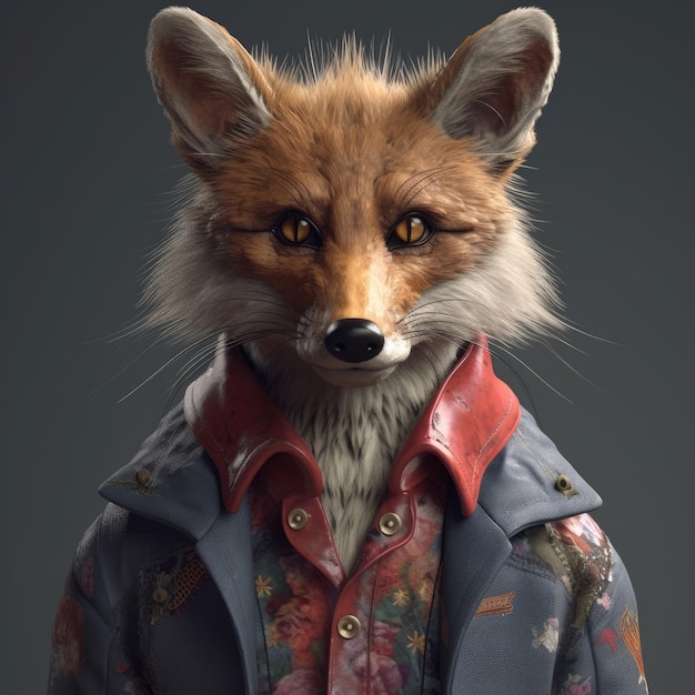 3D-Cartoon-Fox-Porträt mit Kleidung, Brille, Hut und Jacke, die vorne stehen