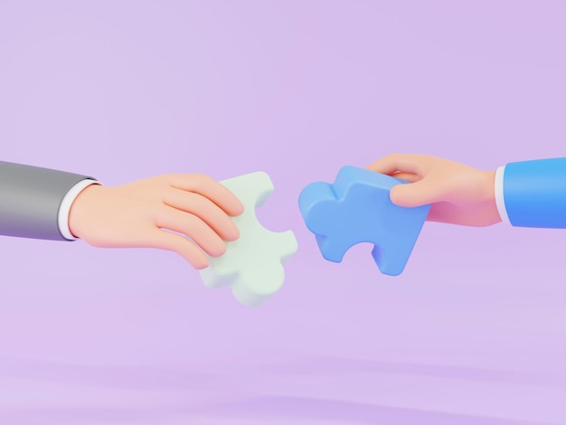 3D Cartoon Geschäftsmann Hand hält Puzzle Symbole für Teamarbeit und Partnerschaften
