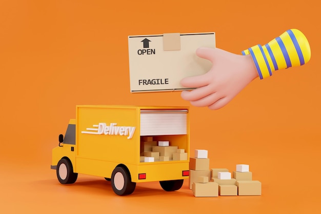 3D-Cartoon-Hand, die eine Lieferung von Kisten von deliverymanxA annimmt