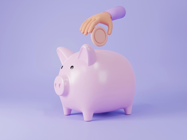 3D-Cartoon-Hand, die Münze mit Piggy-Bank-Spar- und Geschäftsinvestitionskonzept hält